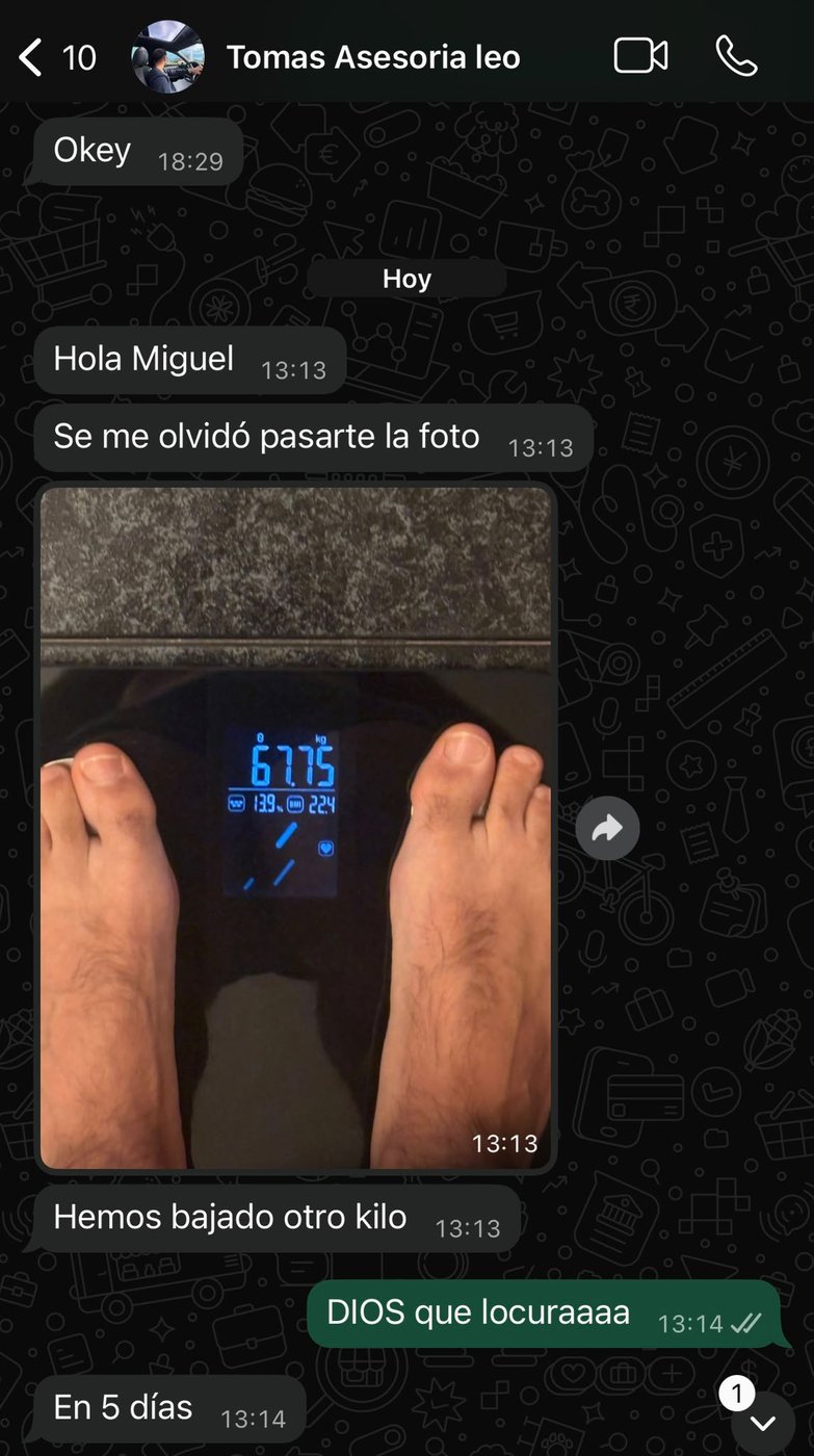 Cliente Tomás · 67.75kg, otro kilo menos